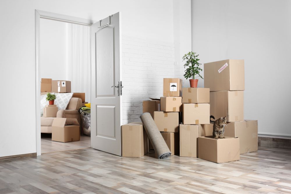 Cardboard boxes filled with belongings stacked on top of each other in an apartment