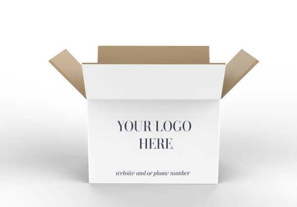 Example of branded logo on white cardboard box