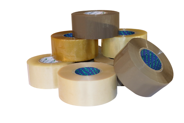 Rolls of clear and brown e-tape stacked on top of each other