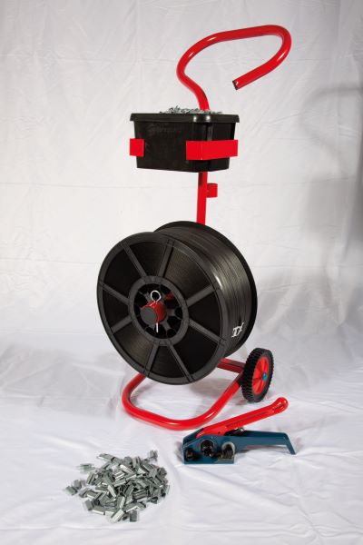 A red mobile strapping dispenser kit, complete with strapping, seals and a tensioner